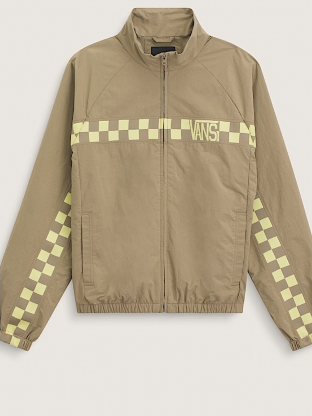 Vans Men’s Khaki Windbreaker with Lime Checkerboard Stripe
